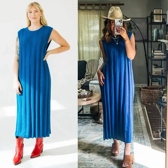 Free People Beach Theo Sweater Midi Dress Out Of The Blue S Ribbed Textured Boho - Picture 3 of 14
